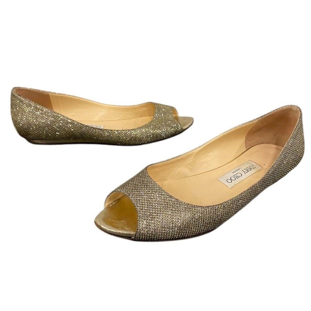 Jimmy Choo Glitter Peep Toe Ballet Flats Gold Sparkle Women Size 39 us 8-8.5